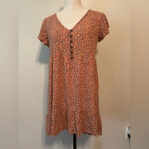 wild fable Peach Floral V-Neck Button Mini Dress